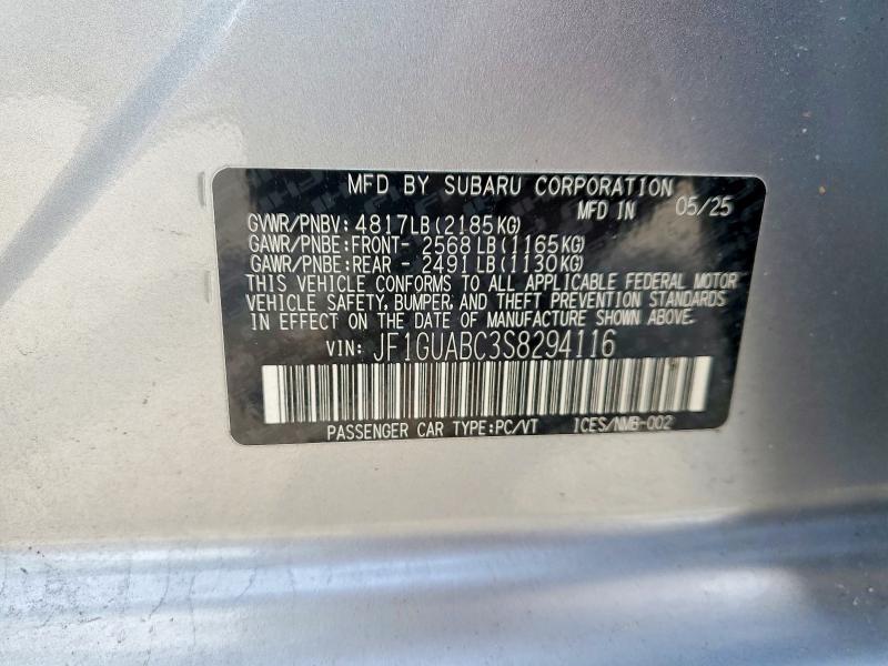 2025 Subaru Impreza მანქანა იყიდება აუქციონზე, vin: JF1GUABC3S8294116, აუქციონის ნომერი: 50661026