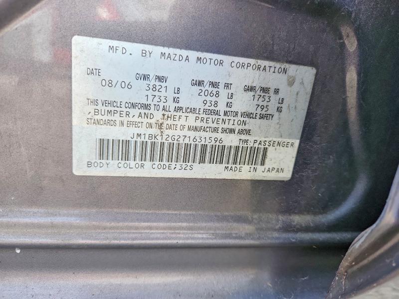 2007 Mazda 3 მანქანა იყიდება აუქციონზე, vin: JM1BK12G271631596, აუქციონის ნომერი: 50350646