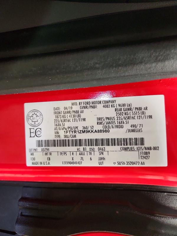 Aukcja sprzedaży 2019 Ford Transit, vin: 1FTYR1ZM9KKA88980, numer aukcji: 49119496