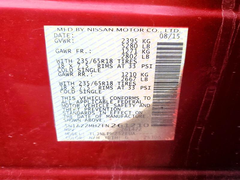 Aukcja sprzedaży 2015 Nissan Murano, vin: 5N1AZ2MH2FN261210, numer aukcji: 49444236