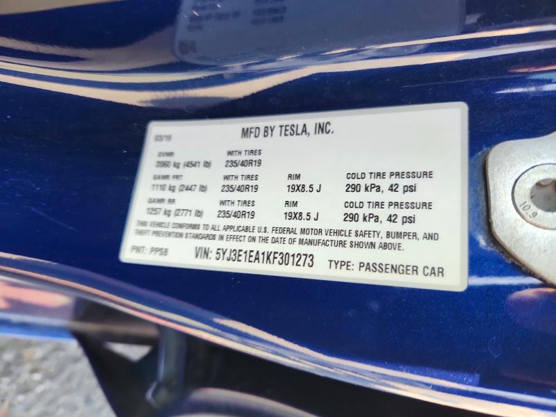 2019 Tesla Model 3 მანქანა იყიდება აუქციონზე, vin: 5YJ3E1EA1KF301273, აუქციონის ნომერი: 50359216