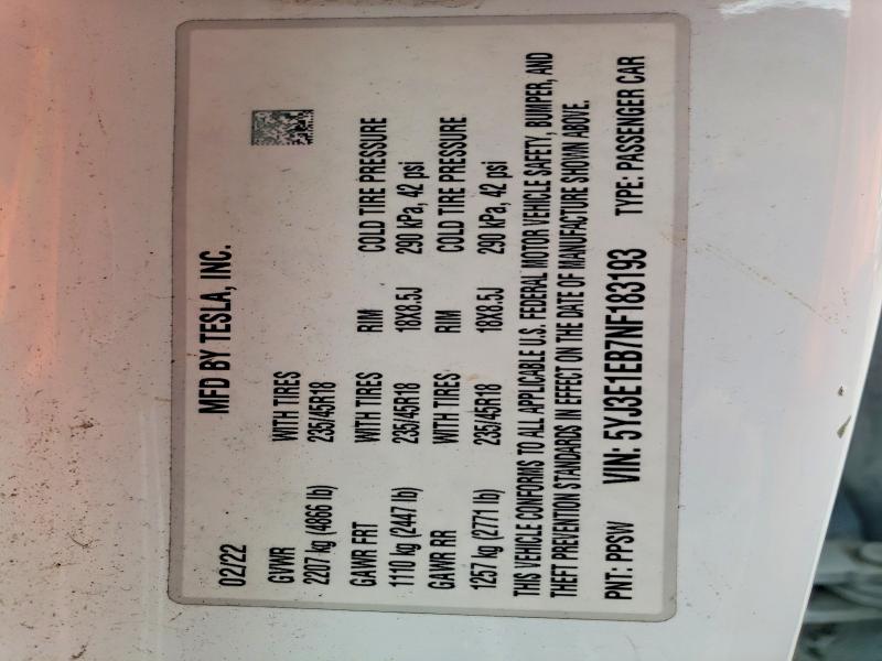 49835836 :رقم المزاد ، 5YJ3E1EB7NF183193 vin ، 2022 Tesla Model 3 مزاد بيع