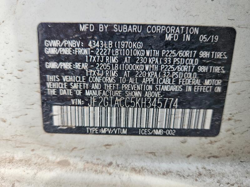 Продаж на аукціоні авто 2019 Subaru Crosstrek, vin: JF2GTACC5KH345774, номер лоту: 48454476