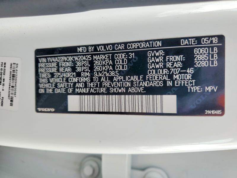 Aukcja sprzedaży 2019 Volvo Xc90, vin: YV4A22PKXK1420425, numer aukcji: 51132686