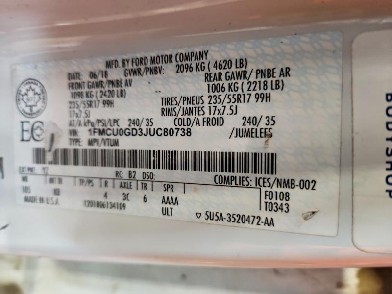50070666 :رقم المزاد ، 1FMCU0GD3JUC80738 vin ، 2018 Ford Escape مزاد بيع