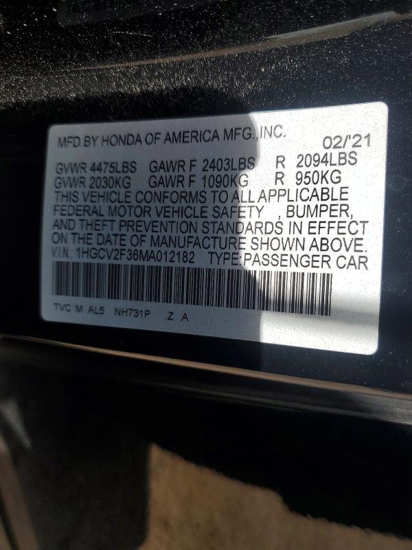 Продажа на аукционе авто 2021 Honda Accord, vin: 1HGCV2F36MA012182, номер лота: 50774726