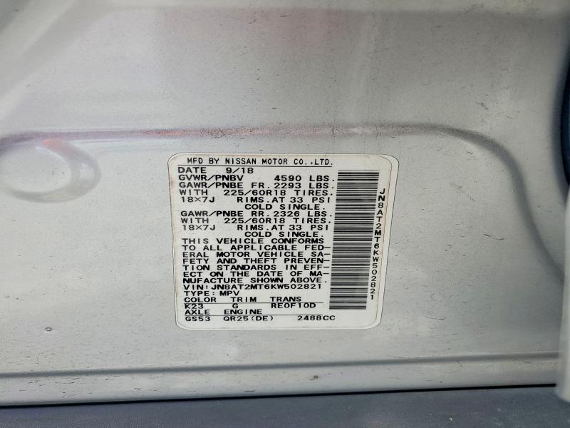 48544306 :رقم المزاد ، JN8AT2MT6KW502821 vin ، 2019 Nissan Rogue مزاد بيع