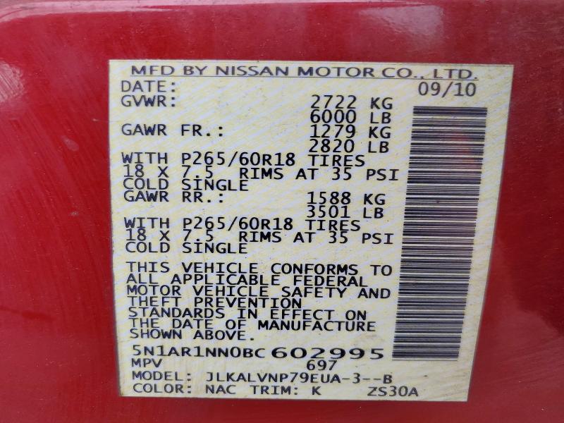 2011 Nissan Pathfinder მანქანა იყიდება აუქციონზე, vin: 5N1AR1NN0BC602995, აუქციონის ნომერი: 49170506
