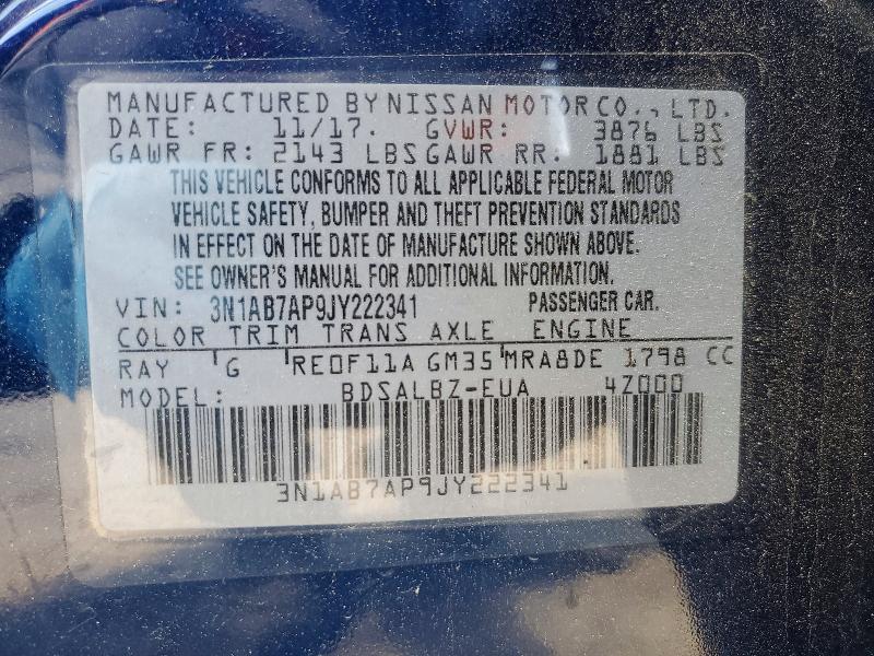 50737916 :رقم المزاد ، 3N1AB7AP9JY222341 vin ، 2018 Nissan Sentra مزاد بيع