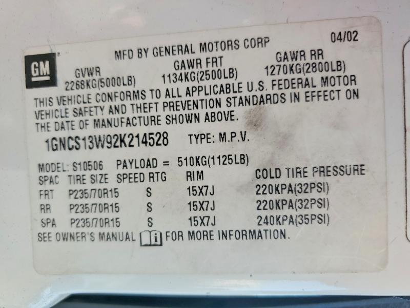 2002 Chevrolet Blazer მანქანა იყიდება აუქციონზე, vin: 1GNCS13W92K214528, აუქციონის ნომერი: 49980686