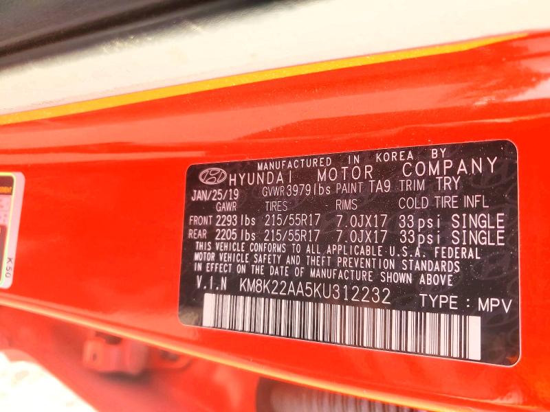 50504356 :رقم المزاد ، KM8K22AA5KU312232 vin ، 2019 Hyundai Kona مزاد بيع