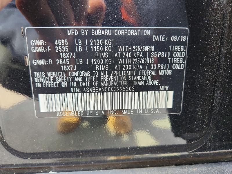Aukcja sprzedaży 2019 Subaru Outback, vin: 4S4BSANC0K3225303, numer aukcji: 49629076