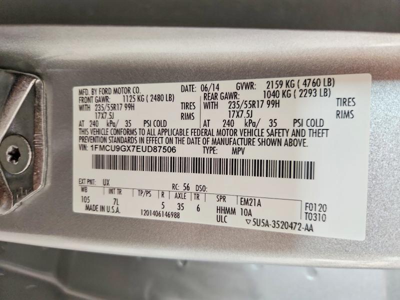 50957556 :رقم المزاد ، 1FMCU9GX7EUD87506 vin ، 2014 Ford Escape مزاد بيع