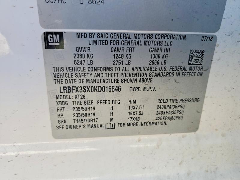 2019 Buick Envision მანქანა იყიდება აუქციონზე, vin: LRBFX3SX0KD016646, აუქციონის ნომერი: 50970026
