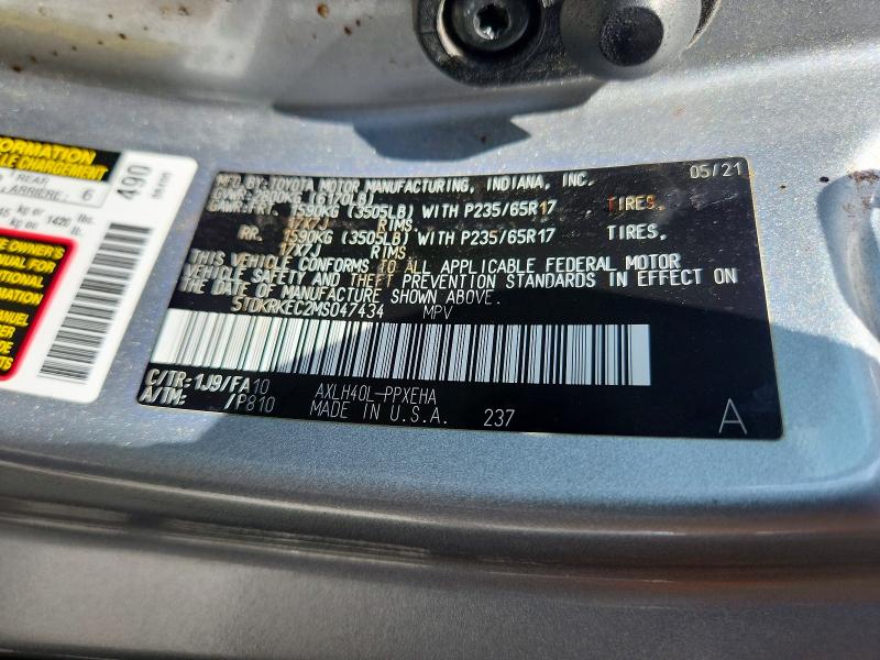 Aukcja sprzedaży 2021 Toyota Sienna, vin: 5TDKRKEC2MS047434, numer aukcji: 49477796