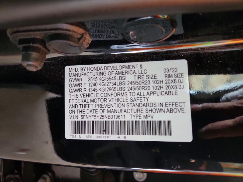 51532116 :رقم المزاد ، 5FNYF5H25NB019611 vin ، 2022 Honda Pilot مزاد بيع