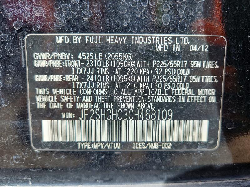 49590186 :رقم المزاد ، JF2SHGHC3CH468109 vin ، 2012 Subaru Forester مزاد بيع