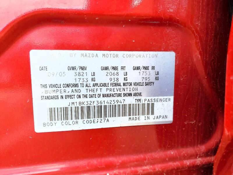 2006 Mazda 3 მანქანა იყიდება აუქციონზე, vin: JM1BK32F361425947, აუქციონის ნომერი: 48936416