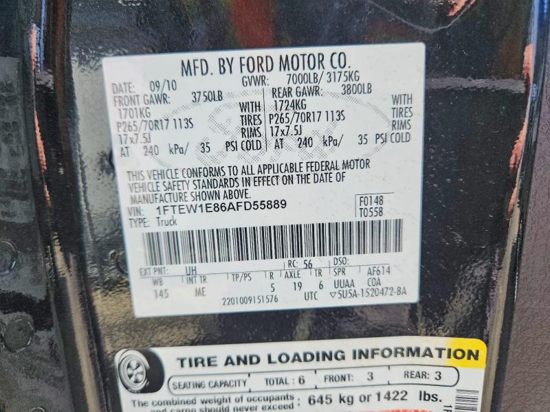 2010 Ford F150 მანქანა იყიდება აუქციონზე, vin: 1FTEW1E86AFD55889, აუქციონის ნომერი: 49885906