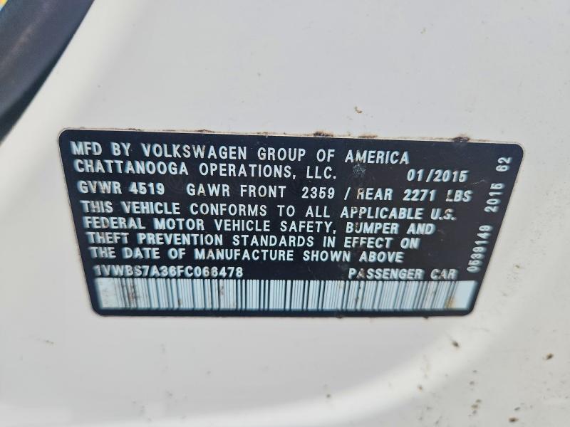 48658936 :رقم المزاد ، 1VWBS7A36FC066478 vin ، 2015 Volkswagen Passat مزاد بيع