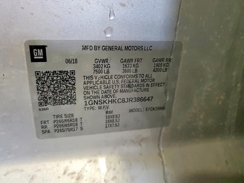 Продаж на аукціоні авто 2018 Chevrolet Suburban, vin: 1GNSKHKC8JR386647, номер лоту: 50589646