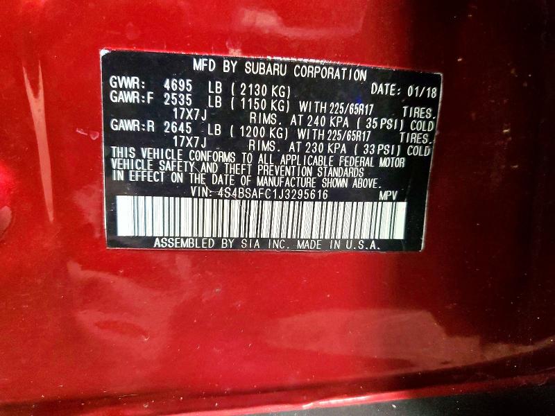 49492086 :رقم المزاد ، 4S4BSAFC1J3295616 vin ، 2018 Subaru Outback مزاد بيع