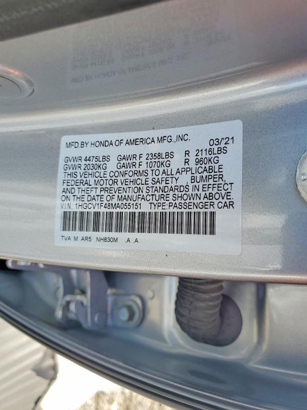 2021 Honda Accord მანქანა იყიდება აუქციონზე, vin: 1HGCV1F48MA055151, აუქციონის ნომერი: 50851626
