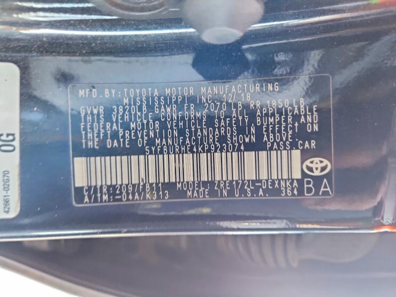 Aukcja sprzedaży 2019 Toyota Corolla, vin: 5YFBURHE4KP923074, numer aukcji: 50742246