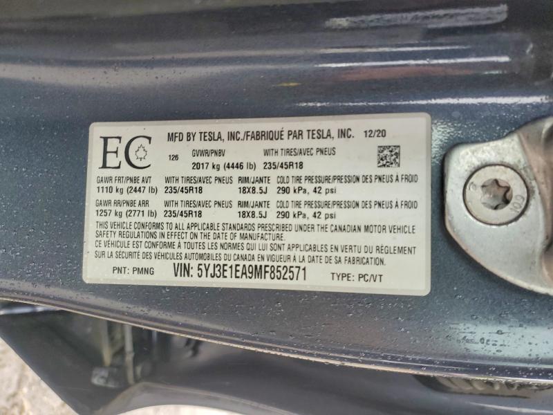 49855236 :رقم المزاد ، 5YJ3E1EA9MF852571 vin ، 2021 Tesla Model 3 مزاد بيع