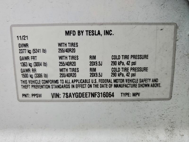 48134716 :رقم المزاد ، 7SAYGDEE7NF316064 vin ، 2022 Tesla Model Y مزاد بيع