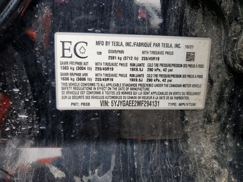 Aukcja sprzedaży 2021 Tesla Model Y, vin: 5YJYGAEE2MF294131, numer aukcji: 50248316