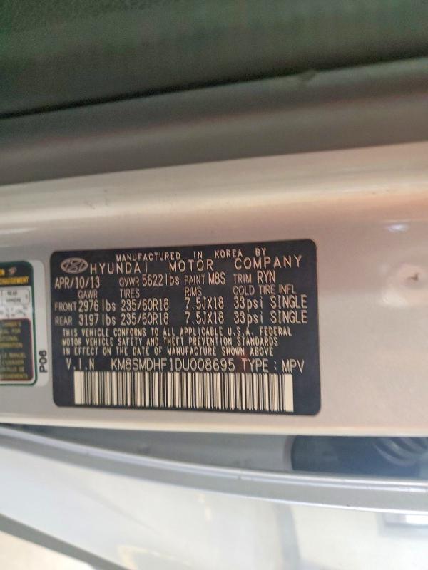 49919656 :رقم المزاد ، KM8SMDHF1DU008695 vin ، 2013 Hyundai Santa Fe مزاد بيع