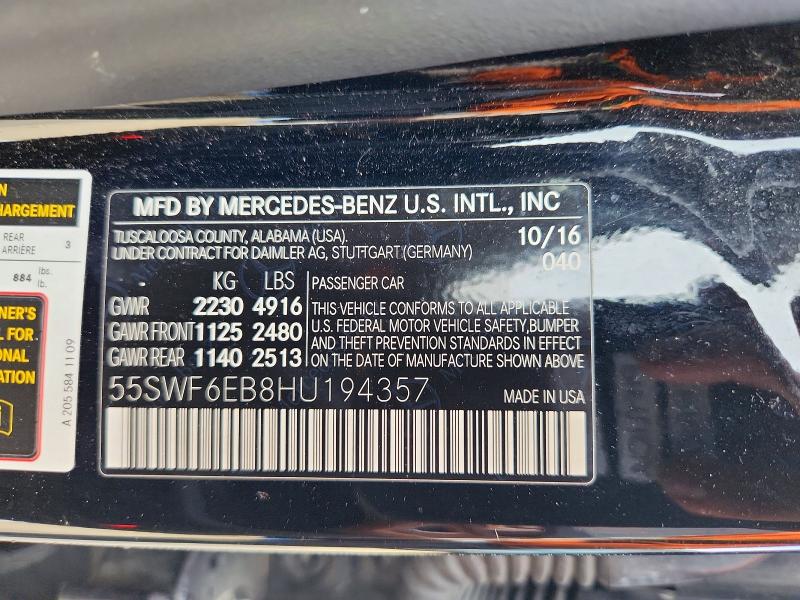 Продажа на аукционе авто 2017 Mercedes-benz C, vin: 55SWF6EB8HU194357, номер лота: 50970726