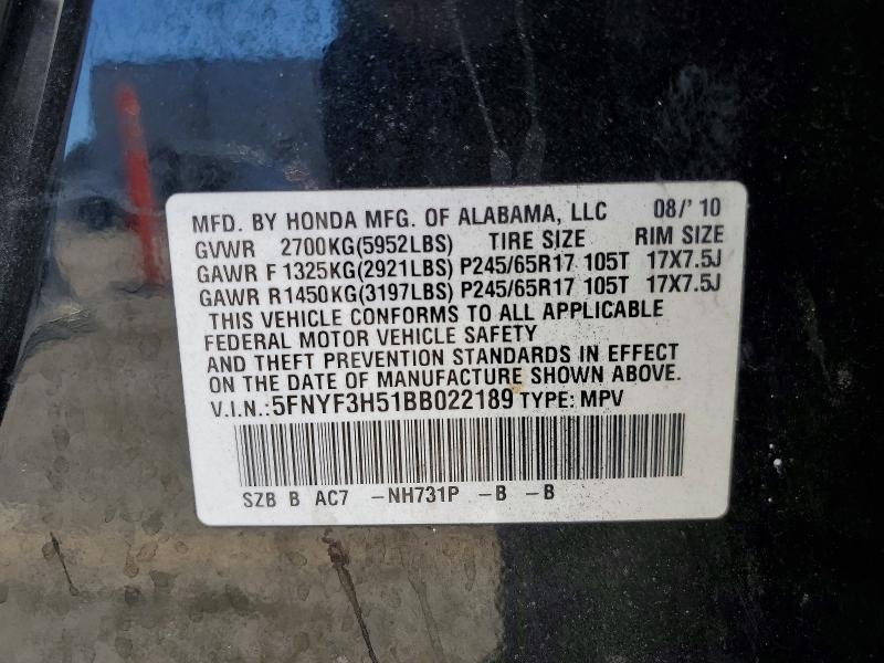 Auction sale of the 2011 Honda Pilot, vin: 5FNYF3H51BB022189, lot number: 50513996