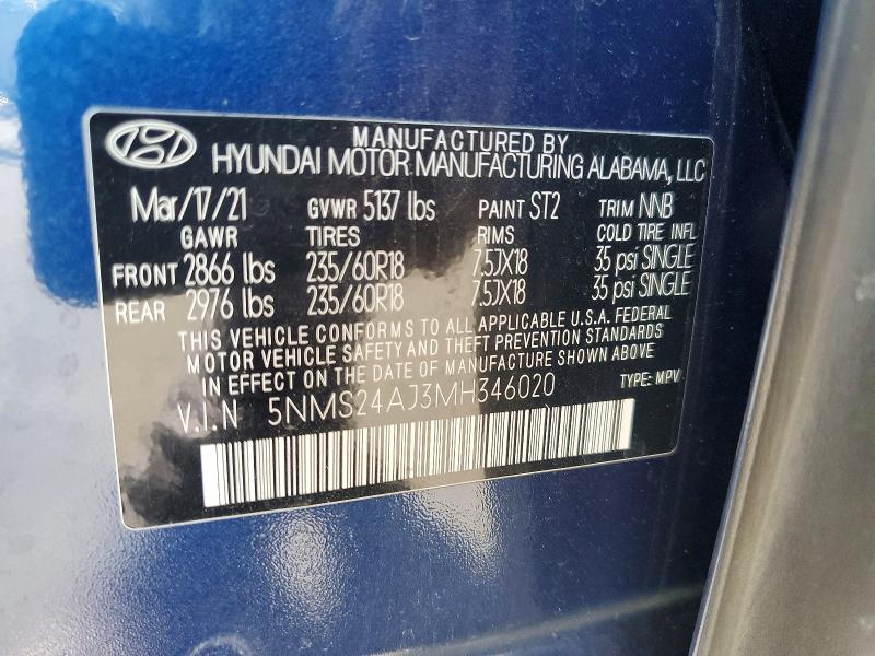2021 Hyundai Santa Fe მანქანა იყიდება აუქციონზე, vin: 5NMS24AJ3MH346020, აუქციონის ნომერი: 49456406