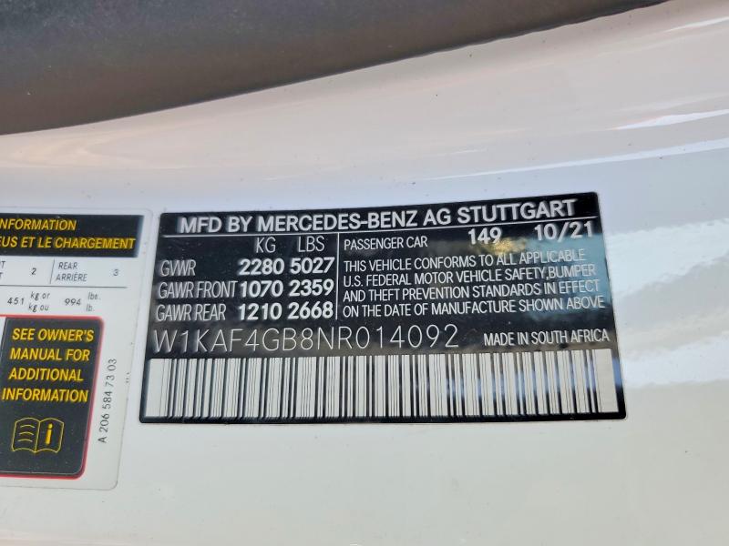 Продажа на аукционе авто 2022 Mercedes-benz C, vin: W1KAF4GB8NR014092, номер лота: 49575886