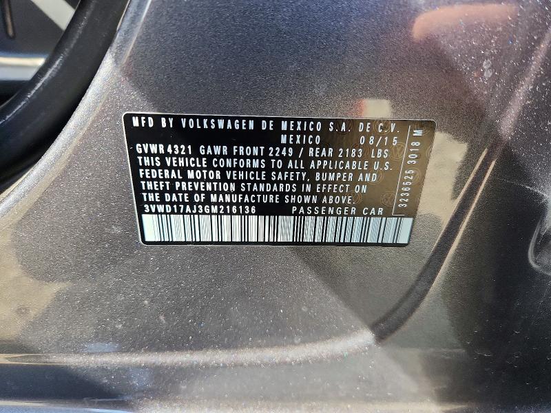 2016 Volkswagen Jetta მანქანა იყიდება აუქციონზე, vin: 3VWD17AJ3GM216136, აუქციონის ნომერი: 50071386