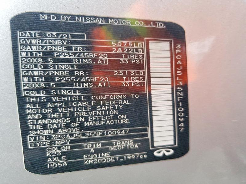Aukcja sprzedaży 2022 Infiniti Qx55, vin: 3PCAJ5L35NF100947, numer aukcji: 48310006