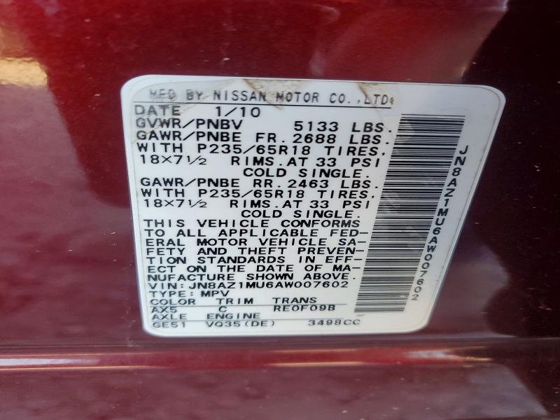 Aukcja sprzedaży 2010 Nissan Murano, vin: JN8AZ1MU6AW007602, numer aukcji: 50165996