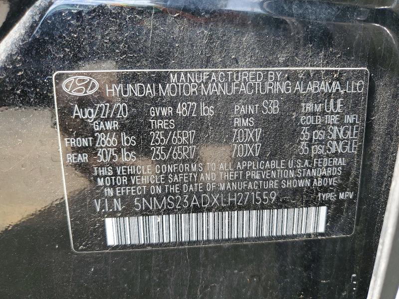 2020 Hyundai Santa Fe მანქანა იყიდება აუქციონზე, vin: 5NMS23ADXLH271559, აუქციონის ნომერი: 47884846