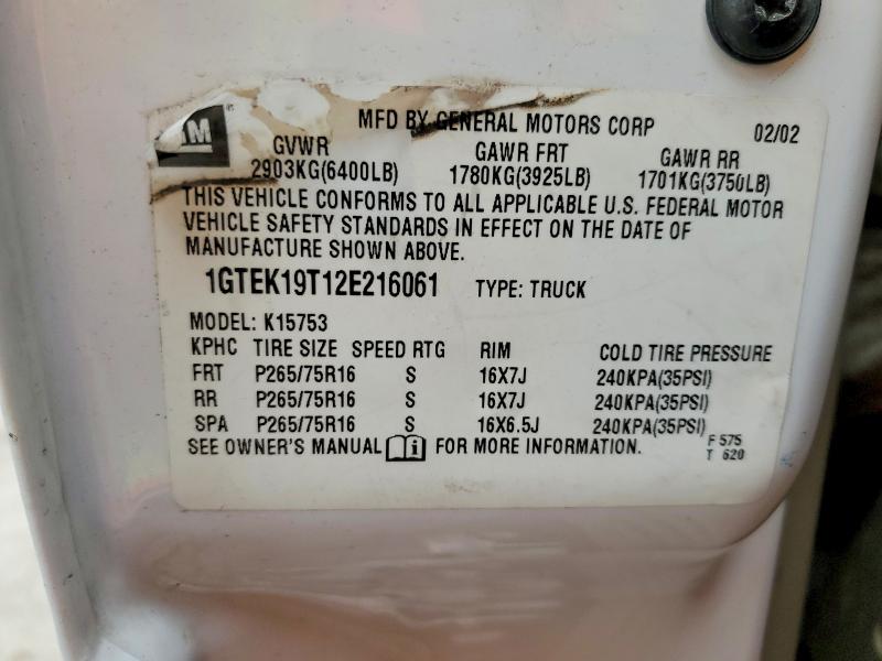 50365146 :رقم المزاد ، 1GTEK19T12E216061 vin ، 2002 Gmc New Sierra مزاد بيع