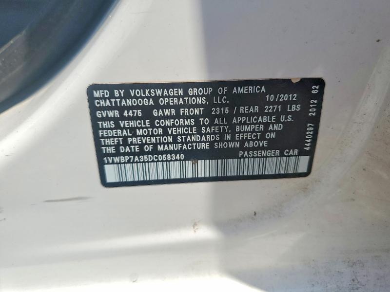 Aukcja sprzedaży 2013 Volkswagen Passat, vin: 1VWBP7A35DC058340, numer aukcji: 50786456