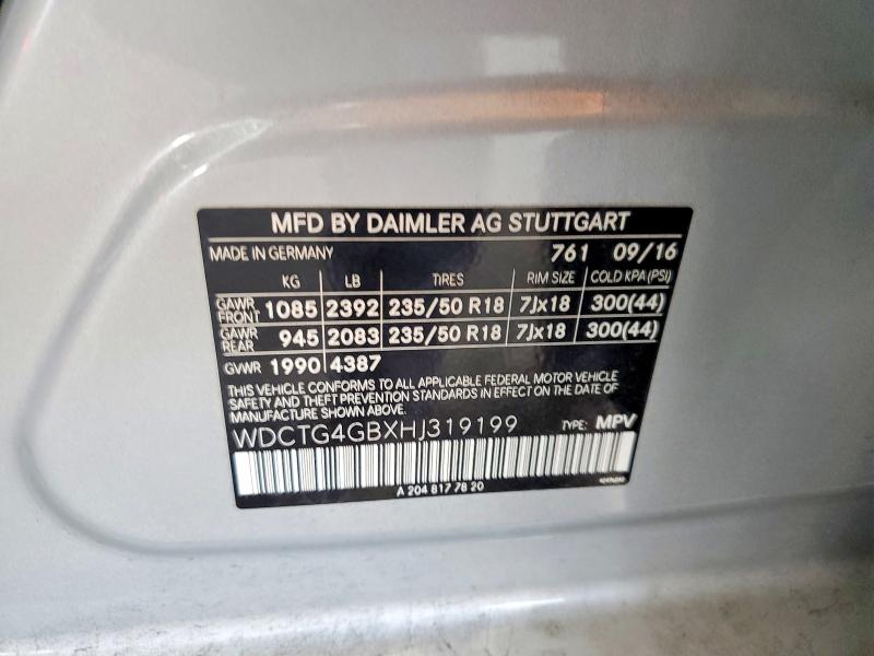 Aukcja sprzedaży 2017 Mercedes-benz Gla, vin: WDCTG4GBXHJ319199, numer aukcji: 50678346