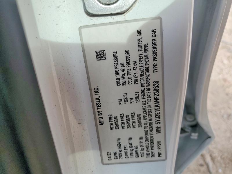 2022 Tesla Model 3 მანქანა იყიდება აუქციონზე, vin: 5YJ3E1EA4NF230638, აუქციონის ნომერი: 48744406