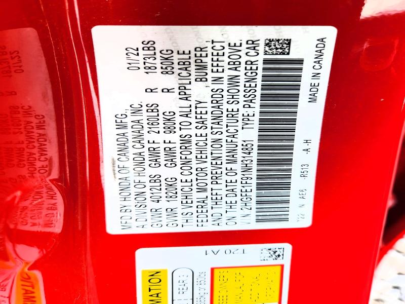 Aukcja sprzedaży 2022 Honda Civic, vin: 2HGFE1F91NH314851, numer aukcji: 49307846