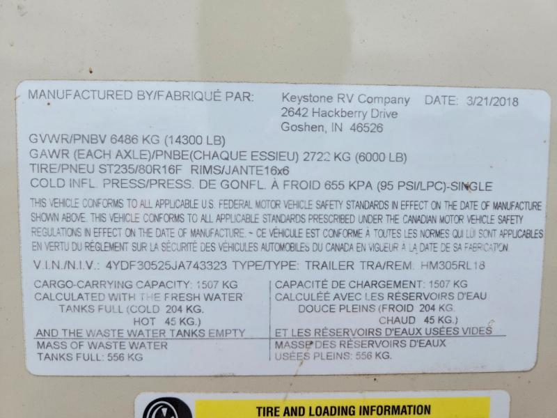 50453996 :رقم المزاد ، 4YDF30525JA743323 vin ، 2018 Keystone Montana مزاد بيع