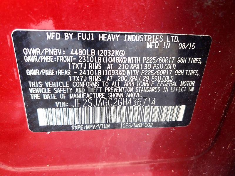 2016 Subaru Forester მანქანა იყიდება აუქციონზე, vin: JF2SJAGC2GH436714, აუქციონის ნომერი: 48358086
