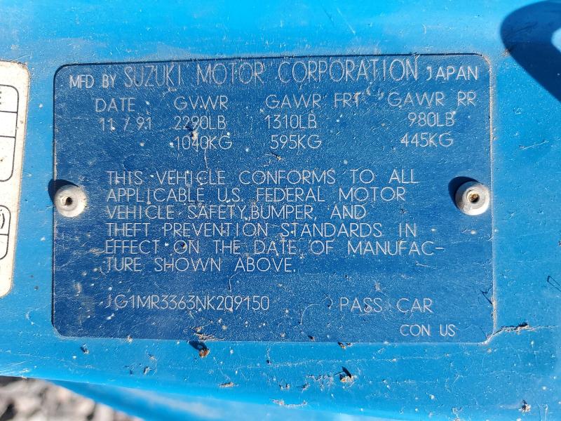 1992 Geo Metro მანქანა იყიდება აუქციონზე, vin: JG1MR3363NK209150, აუქციონის ნომერი: 52026196