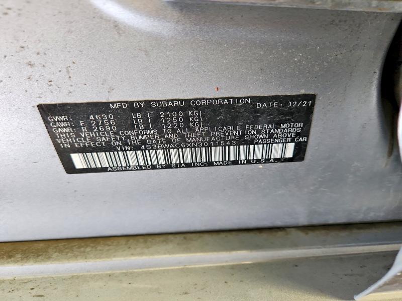 49165586 :رقم المزاد ، 4S3BWAC6XN3011543 vin ، 2022 Subaru Legacy مزاد بيع