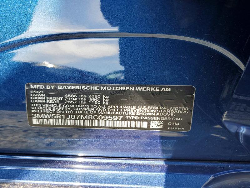 2021 Bmw 330i მანქანა იყიდება აუქციონზე, vin: 3MW5R1J07M8C09597, აუქციონის ნომერი: 50980826